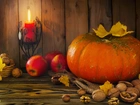 Jesień, Liście, Dynia, Świeczka, Jabłka, Orzechy