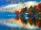 Jezioro, Jesień, Drzewa, Domek, Odbicie