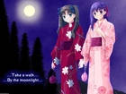 Fate Stay Night, dziewczyny, kimono, księżyc