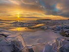 Morze, Bryły lodu, Zachód słońca, Zima