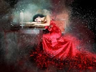 Kobieta, Czerwona, Suknia, Stół, Paintography