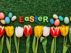 Wielkanoc, Tulipany, Pisanki, Napis, Easter, Trawa