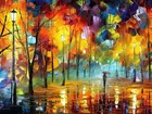 Reprodukcja obrazu, Leonid Afremov, Deszcz, Drzewa, Aleja, Postać, Parasol, Jesień