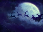 Mikołaj, Sanie, Renifery, Księżyc, Noc