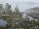 Mgła, Skały, Drzewa, Jezioro Siegoziero, Karelia, Rosja