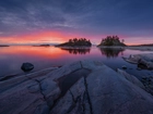 Jezioro Ładoga, Skały, Chmury, Wysepki, Zachód słońca, Karelia, Rosja