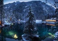 Zima, Góry, Las, Drzewa, Domy, Światła, Jezioro Blausee, Szwajcaria