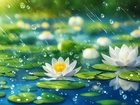 Lilie wodne, Białe, Kwiaty, Deszcz, 2D