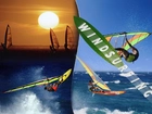 Windsurfing,deska, żagiel , morze,fala, Zachód Słońca