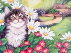 Kot, Kwiaty, Dom, Rysunek