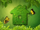 Zielony, Domek, Trawa, Motyle