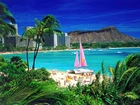 Plaża, Waikiki, Wyspa, Oahu, Hawaje, Katamaran