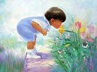 Dziecko, Kwiaty, Ogród