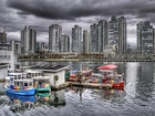 Rzeka, Łodzie, Wieżowce, Granvill Island, Vancouver, Kanada