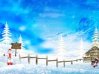 Święta, Bałwanek, Śnieg, Choinki, Chatka