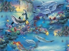 Delfiny, Rybki, Ocean, Art, Fantasy