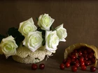 Białe, Róże, Kapelusz, Wiśnie