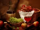 Wino, Koszyk, Butelka, Winogron, Jabłko