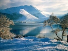 Góry, Jezioro, Śnieg, Drzewa