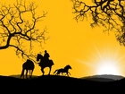 Zachód, Słońca, Jeździec, Konie