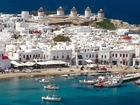 Plaża, Mykonos, Grecja, Wiatraki