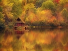 Jezioro, Drzewa, Domek, Odbicie, Jesień