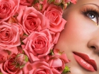 Róże, Twarz, Kobieta, Makijaż