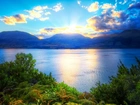 Jezioro, Wzgórza, Zachodzące, Słońce