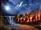 Noc, Wodospad, Burza, Pożar, Góry