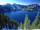 Oregon, Jezioro, Drzewa, Góry, Śnieg