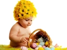 Dziecko, Koszyk, Kwiaty, Jajka