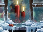 Okno, Świece, Śnieg, Boże Narodzenie
