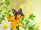 Żółte, Kwiaty, Motyl, Art