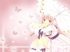 Chobits, motyl, parasol, dziewczyna, kokarda, kwiaty