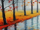 Rzeka, Drzewa, Liście, Jesień, Obraz