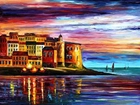 Domy, Morze, Leonid Afremov, Malarstwo