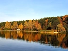 Jezioro, Jesień, Drzewa, Liście, Niebo