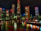 Noc, Widok, Miasta, Wieżowce, Azja, Singapur