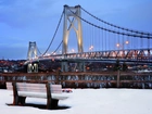 Oświetlony, Most, Rzeka, Ławka, Zima