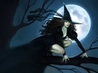 Halloween, Kobieta, Czarownica, Pełnia, Księżyca