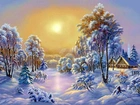 Drzewa, Domki, Śnieg, Zima