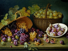 Owoce, Winogrona, Kosze, Stół, Śliwki