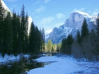 Rzeka, Zalesione, Brzegi, Góry, Zima, Yosemite