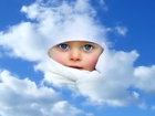 Dziecko, Twarz, Niebieskie, Oczy, Niebo, Chmury