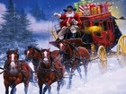 Mikołaj, Powóz, Konie, Śnieg, Prezenty