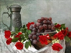 Kufel, Kwiaty, Róże, Winogrona
