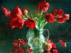 Czerwone, Tulipany, Wazon, Jabłko, Deszcz