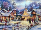 Kościół, Domy, Boże, Narodzenie, Malarstwo