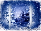 Grafika, Drzewa, Okno, Zima