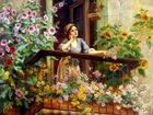 Kobieta, Kwiaty, Balkon, Reprodukcja, Obrazu